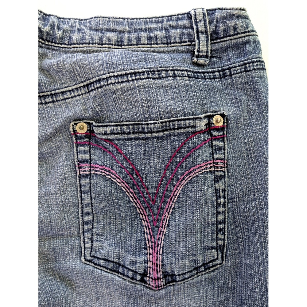 Mixit Womens Blue Stretch Denim Capri Jeans Size 10 Embroidered Pockets Cropped